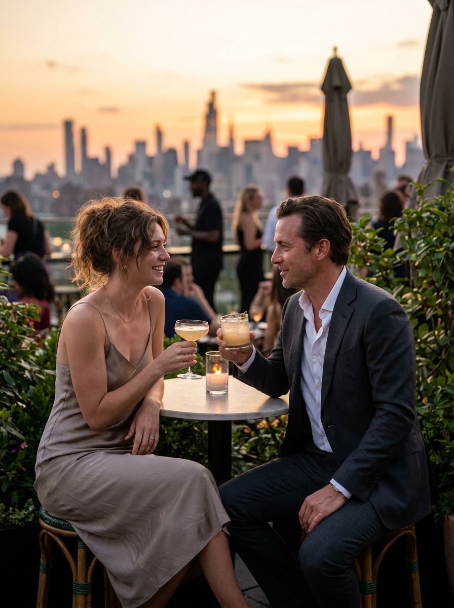 Couple on a rooftop bar at sunset